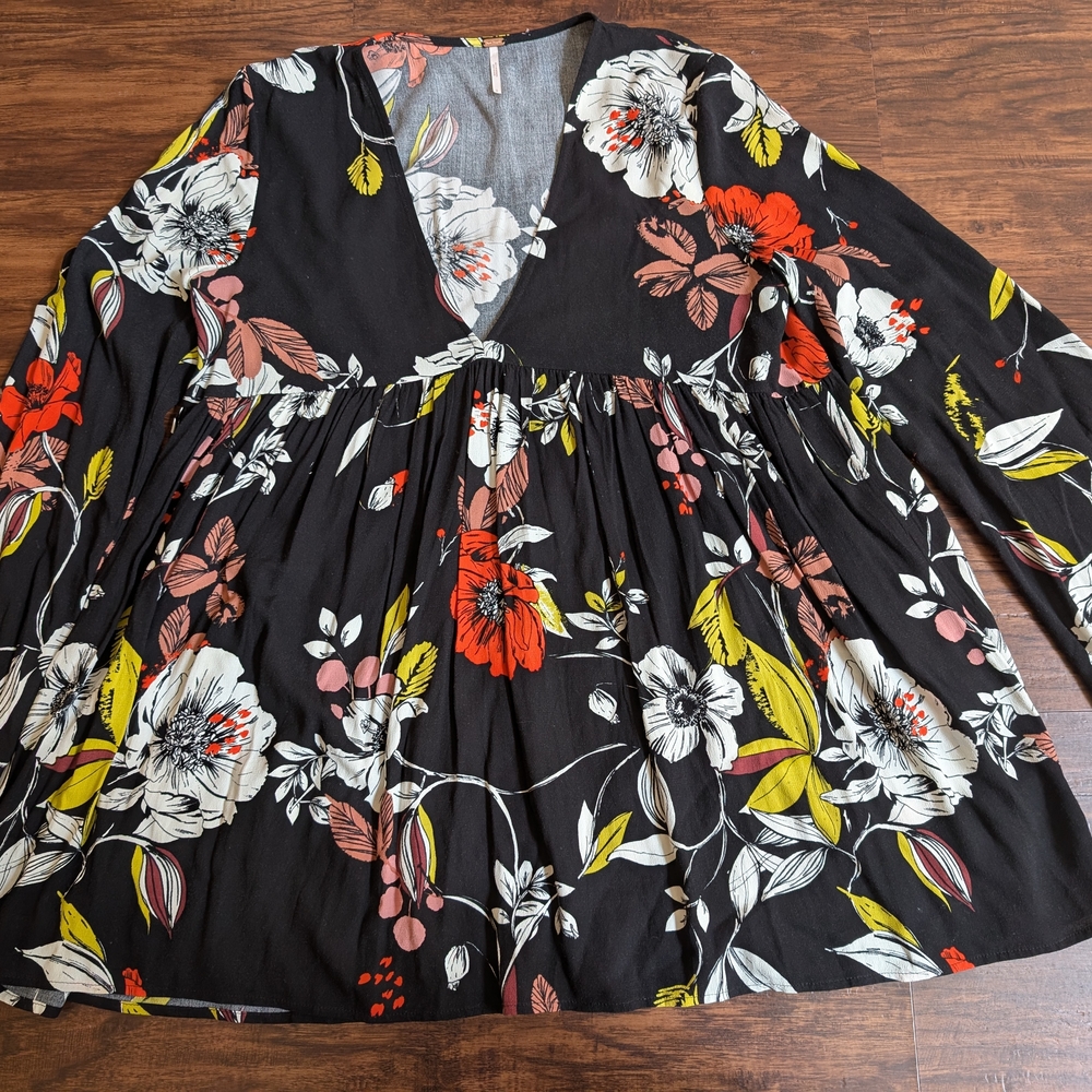 Free People Black Floral V-Neck Blouse
